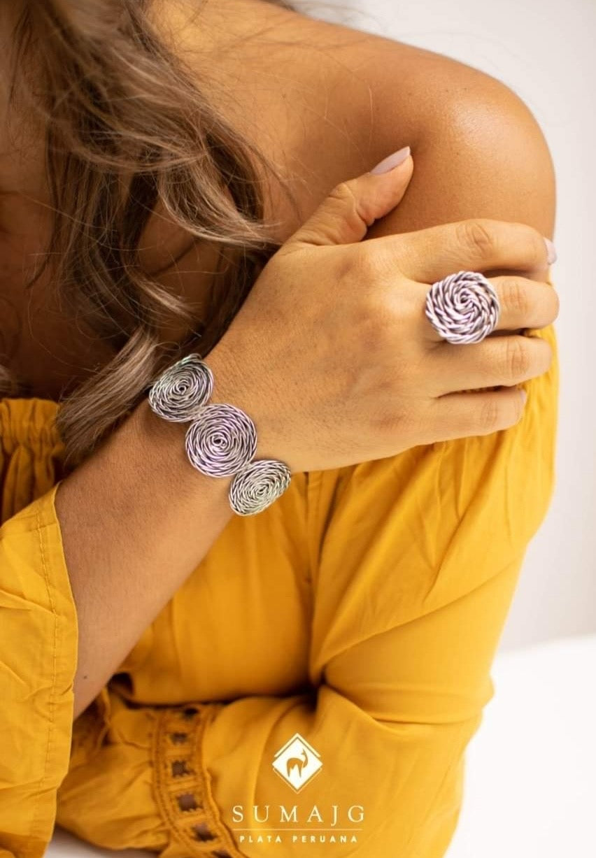 Pulsera aro de círculos plata envejecida (051650-043)