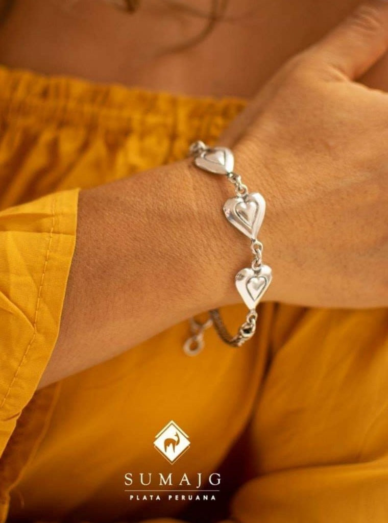 Pulsera de plata  diseño espiga con Corazones (17600-076)