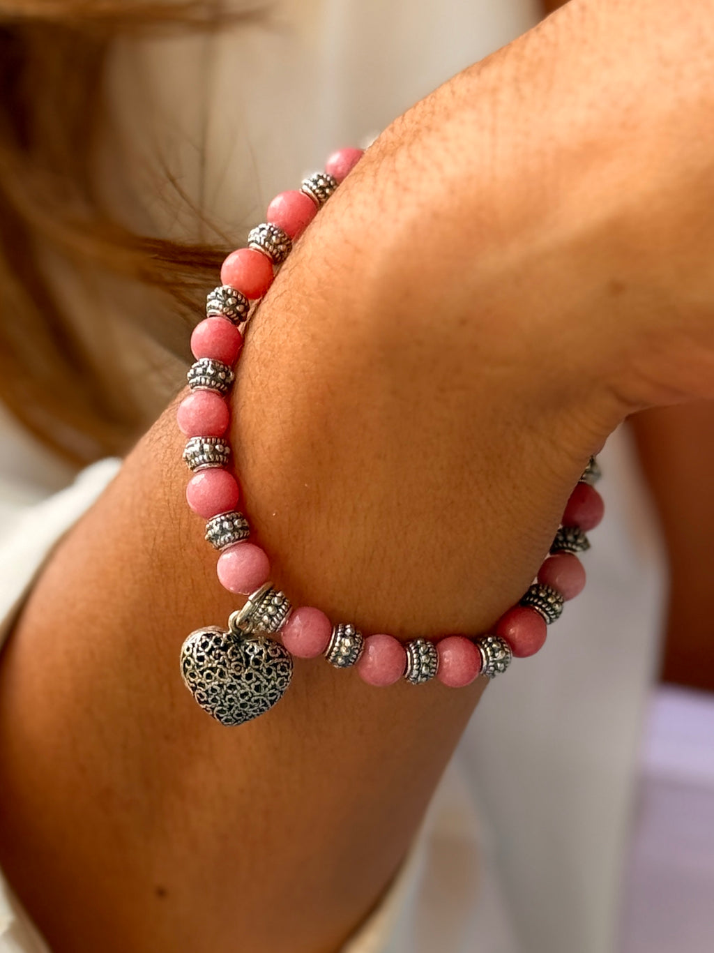(171150-16.3) Pulsera de Corazón con Piedra Ágata Rosa