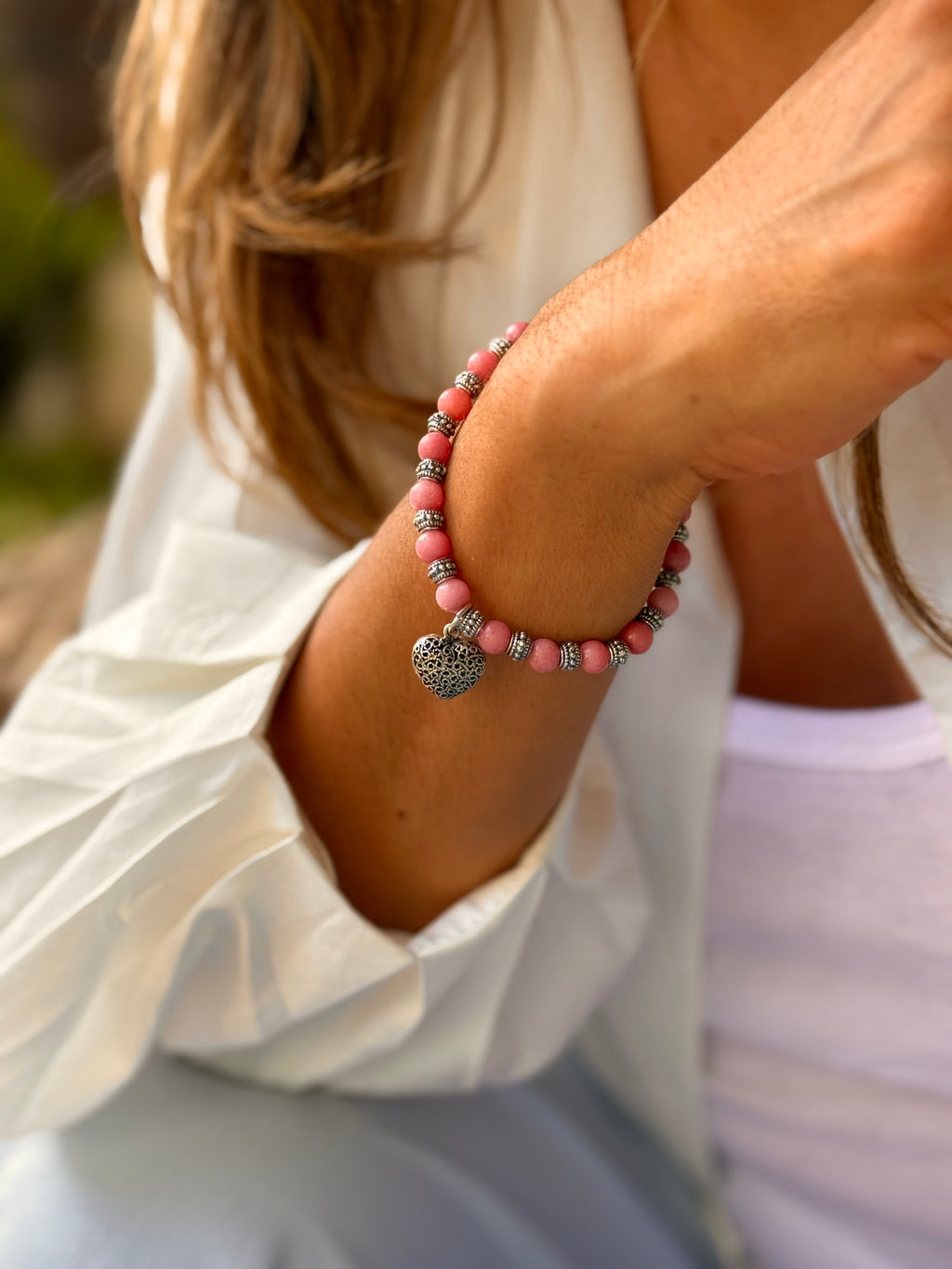 (171150-16.3) Pulsera de Corazón con Piedra Ágata Rosa