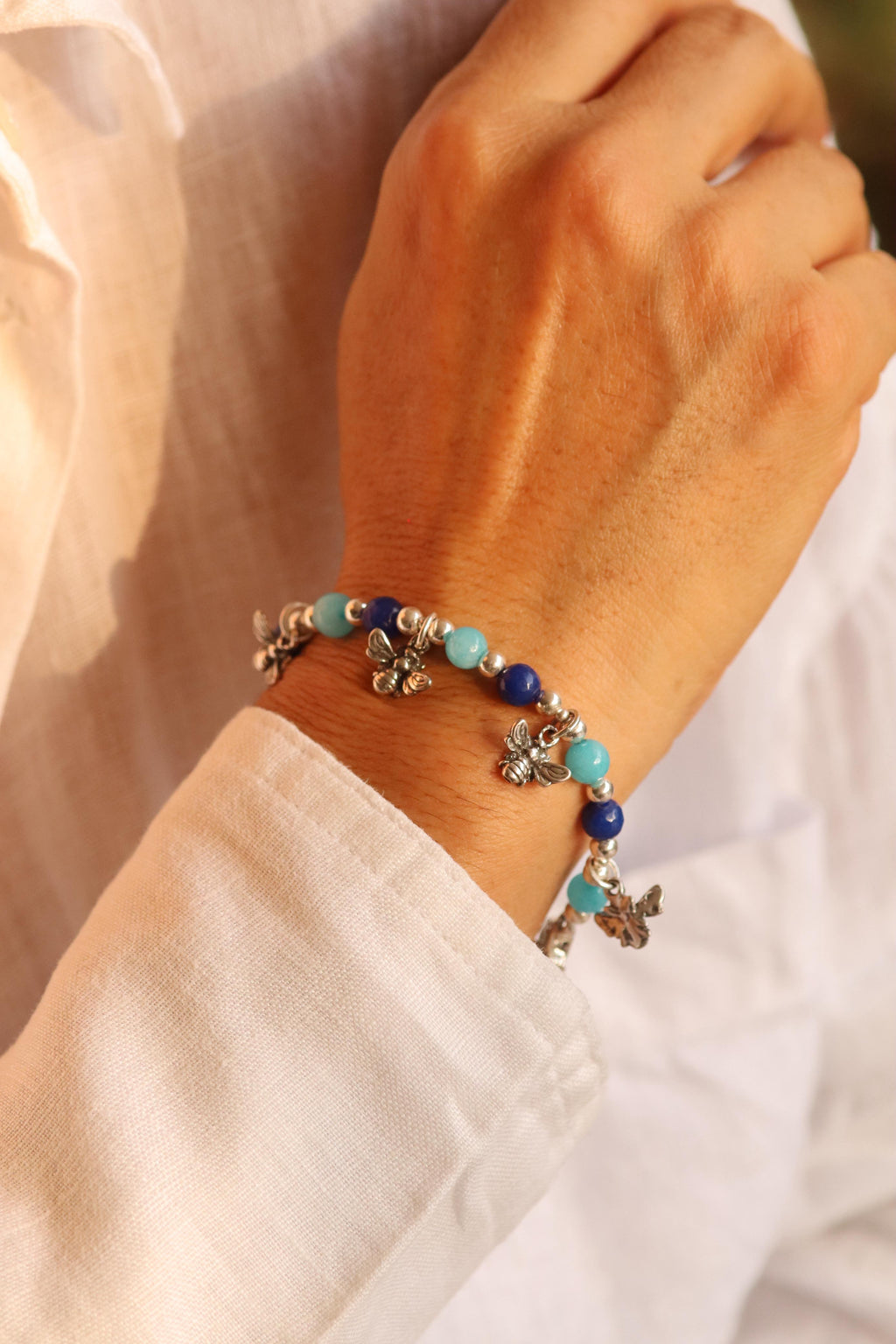 (17100-15.7) Pulsera de Abeja con Piedra Sodalita y Amazonita