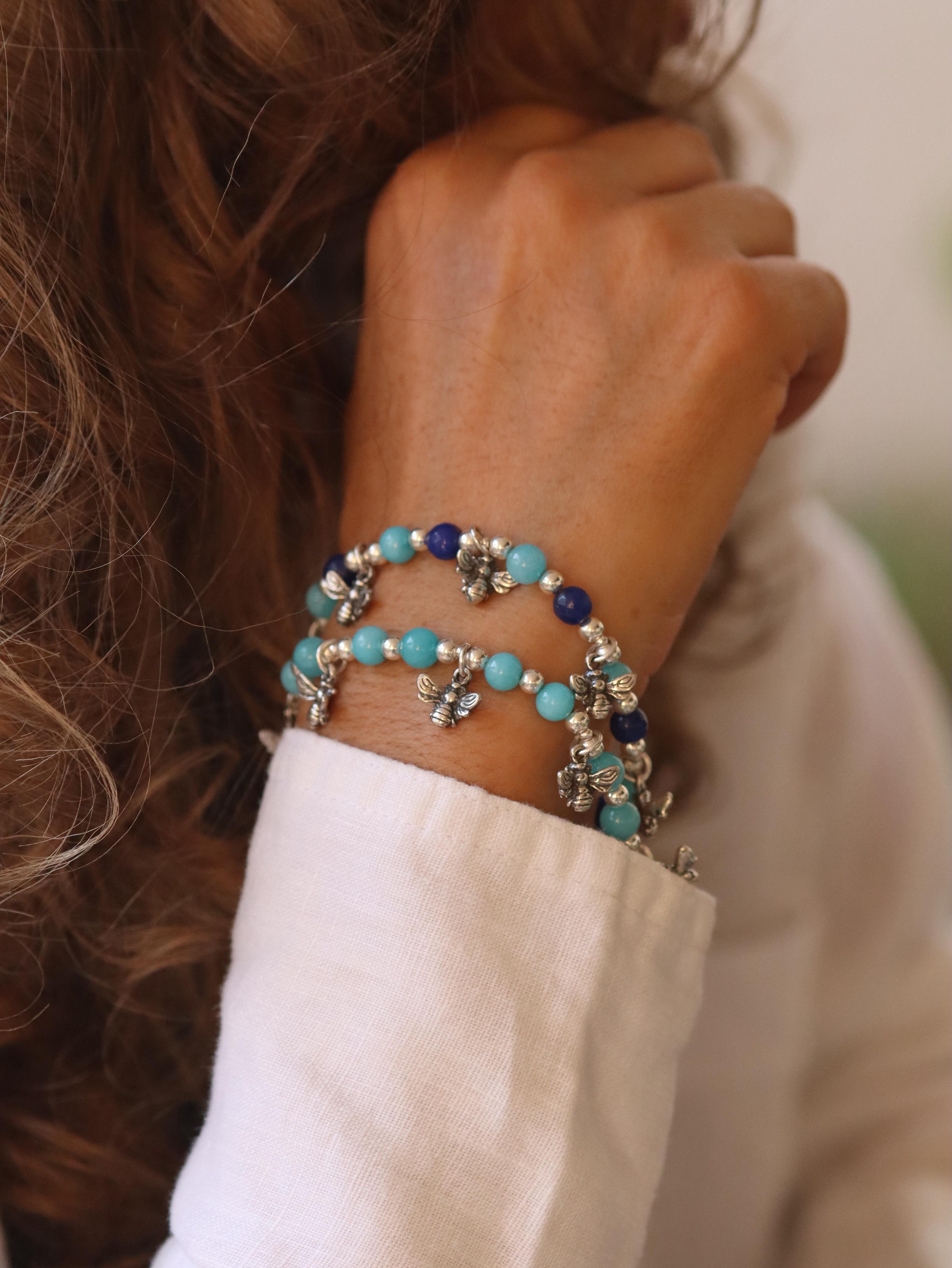 (17100-15.7) Pulsera de Abeja con Piedra Sodalita y Amazonita